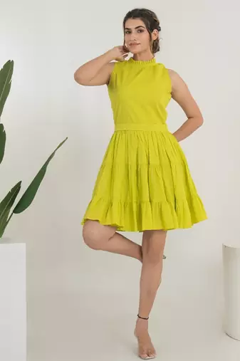 Lemon green solid cotton tiered fit & flare dress for women