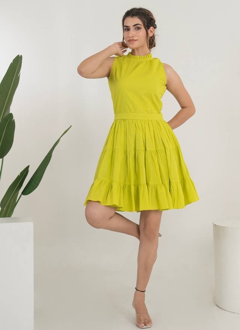 Lemon green solid cotton tiered fit & flare dress for women