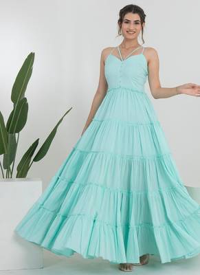 Sea green solid cotton tiered maxi dress for women 1