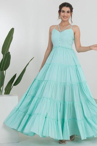 Sea green solid cotton tiered maxi dress for women
