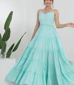 Sea green solid cotton tiered maxi dress for women