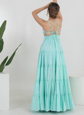 Sea green solid cotton tiered maxi dress for women 2