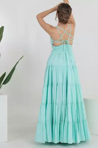 Sea green solid cotton tiered maxi dress for women
