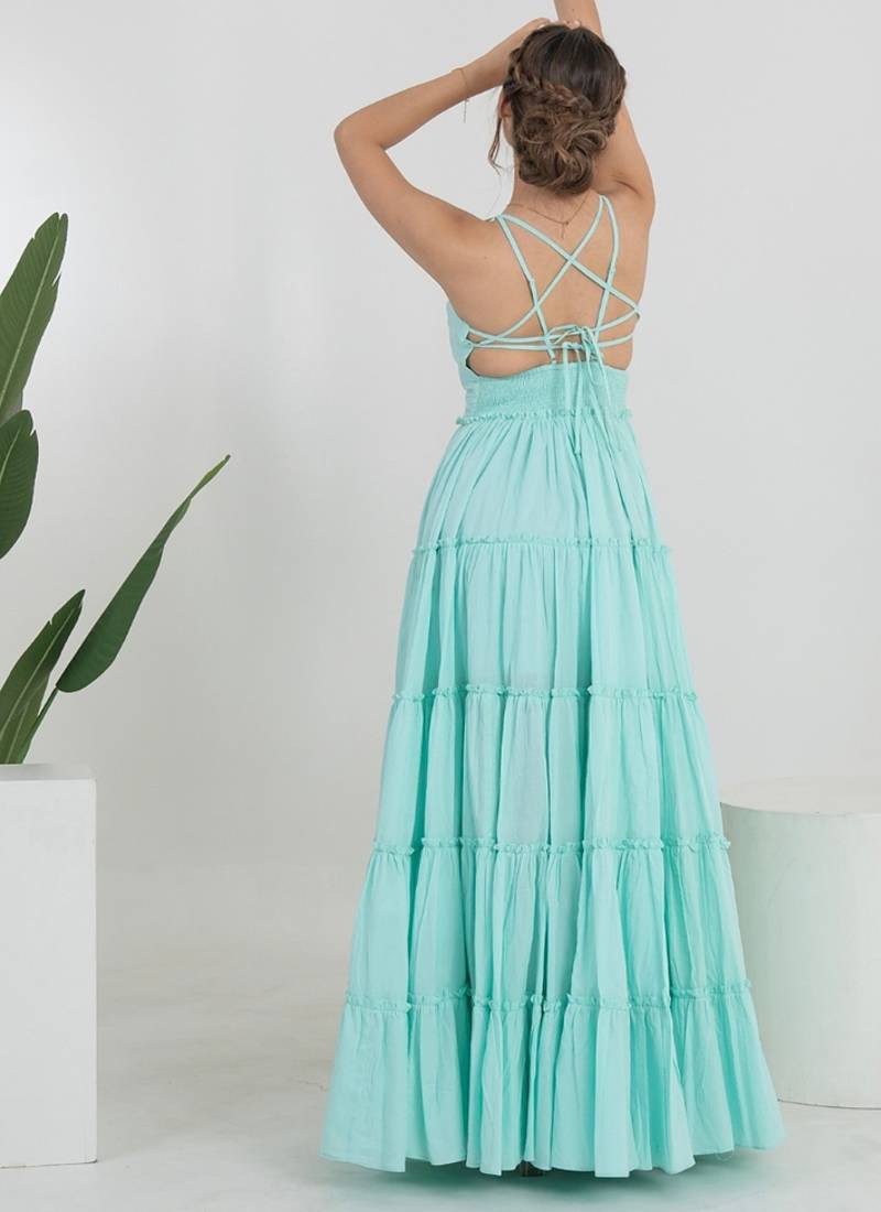 Sea green solid cotton tiered maxi dress for women