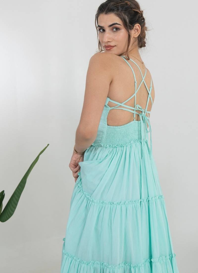 Sea green solid cotton tiered maxi dress for women