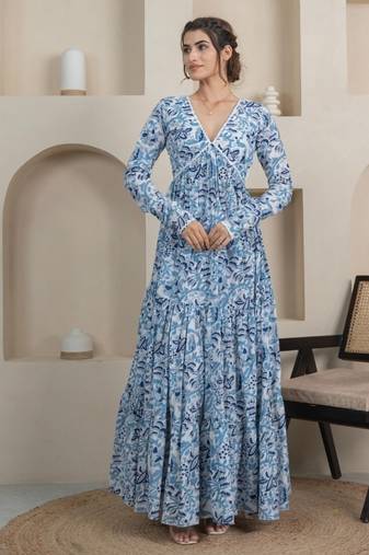 Blue floral printed cotton tiered maxi dress for women