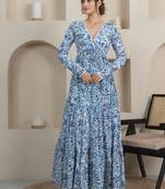 Blue floral printed cotton tiered maxi dress for women
