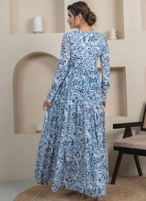 Blue floral printed cotton tiered maxi dress for women 2