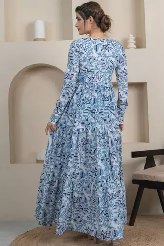 Blue floral printed cotton tiered maxi dress for women