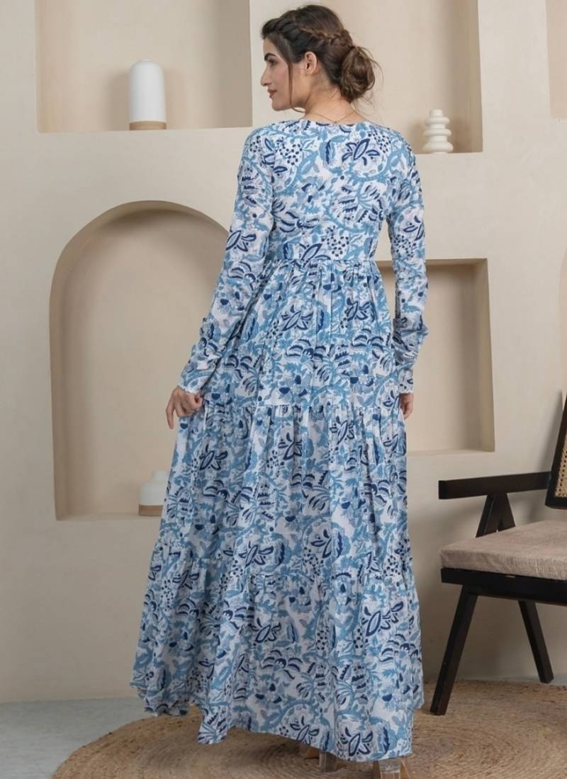 Blue floral printed cotton tiered maxi dress for women