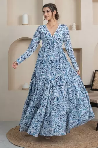 Blue floral printed cotton tiered maxi dress for women