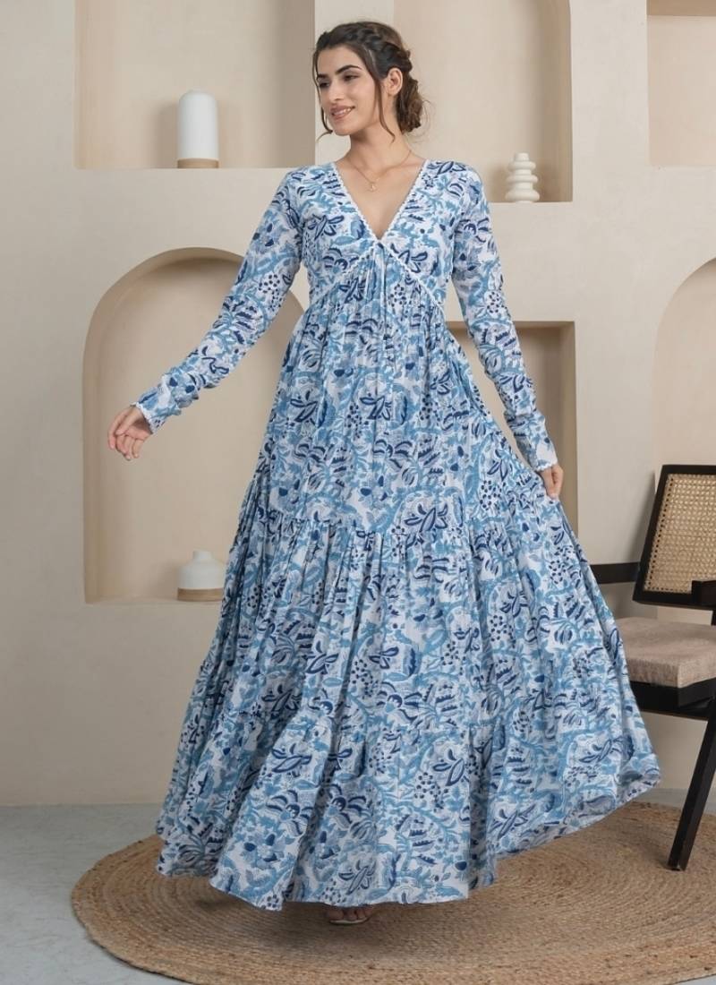 Blue floral printed cotton tiered maxi dress for women