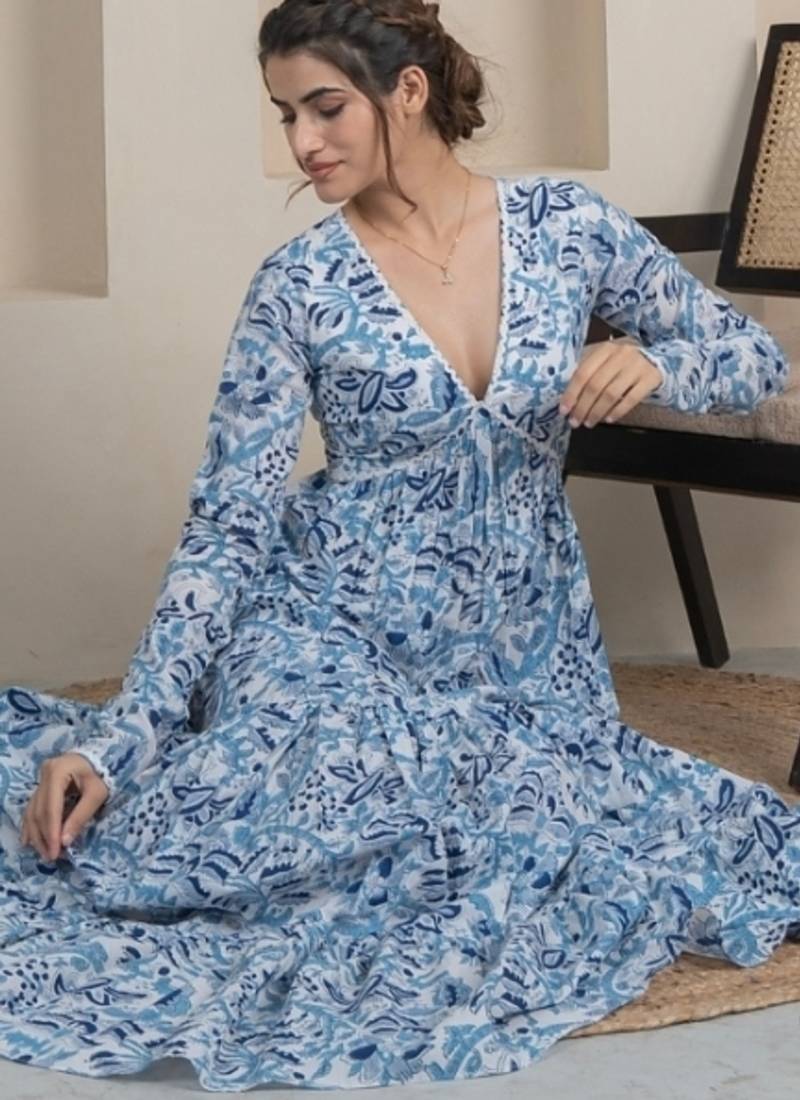 Blue floral printed cotton tiered maxi dress for women