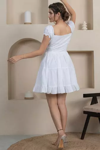White solid cotton tiered dress for women