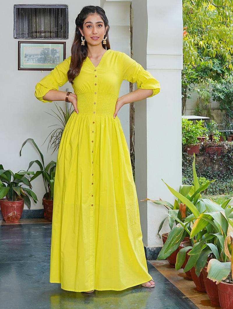 Lemon green solid cotton maxi dress for women