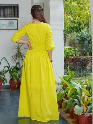 Lemon green solid cotton maxi dress for women 2