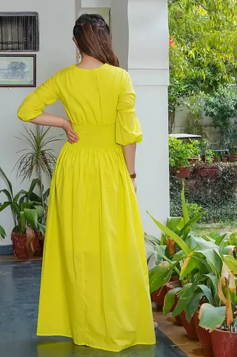 Lemon green solid cotton maxi dress for women