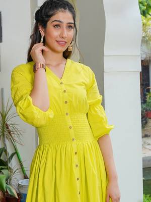 Lemon green solid cotton maxi dress for women 3
