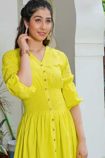 Lemon green solid cotton maxi dress for women