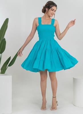 Turquoise solid cotton fit & flare dress for women 1