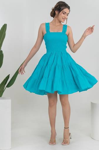 Turquoise solid cotton fit & flare dress for women
