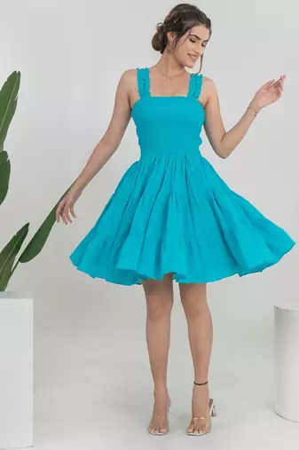 Turquoise solid cotton fit & flare dress for women