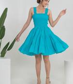 Turquoise solid cotton fit & flare dress for women