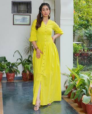 Lemon green solid cotton maxi dress for women 4