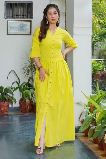 Lemon green solid cotton maxi dress for women