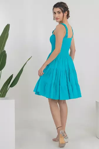 Turquoise solid cotton fit & flare dress for women