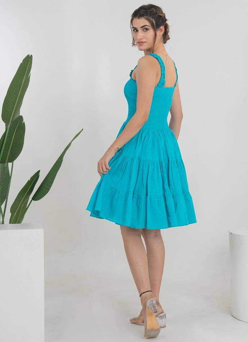 Turquoise solid cotton fit & flare dress for women