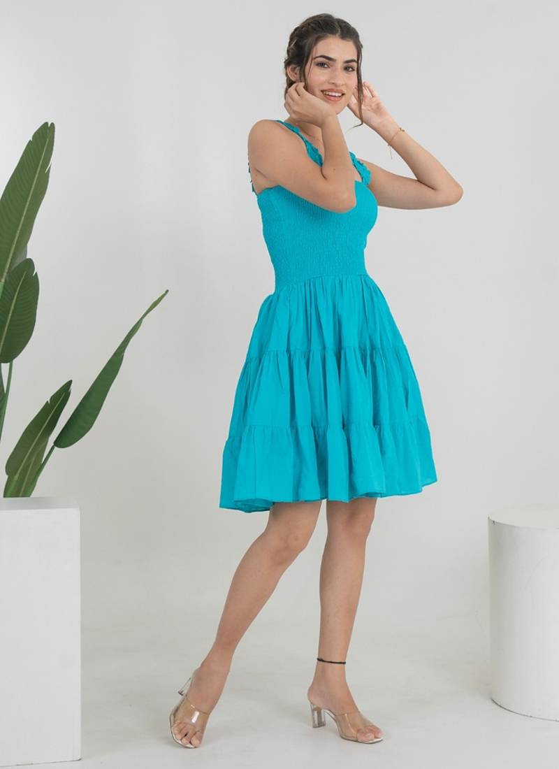 Turquoise solid cotton fit & flare dress for women