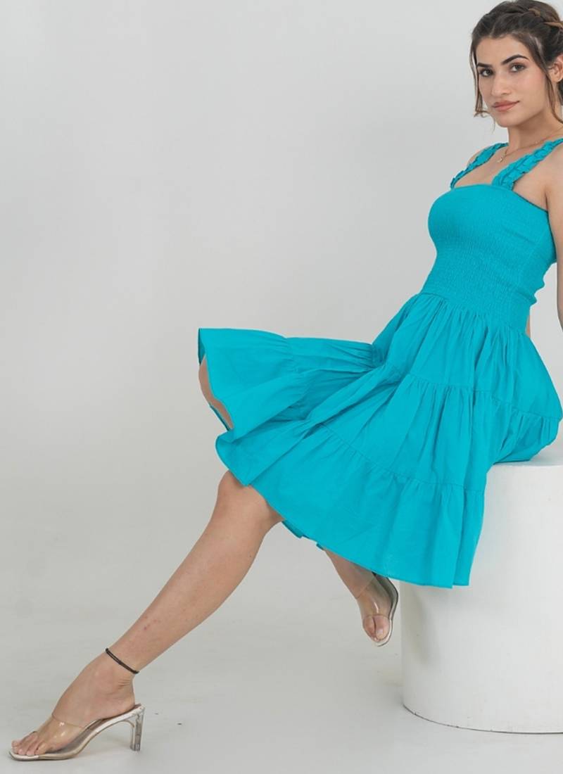 Turquoise solid cotton fit & flare dress for women