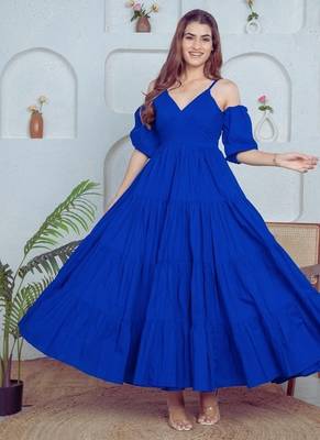 Blue solid cotton tiered fit & flare dress for women 1