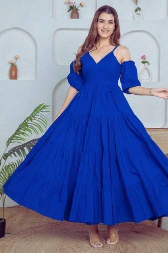Blue solid cotton tiered fit & flare dress for women