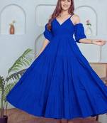 Blue solid cotton tiered fit & flare dress for women