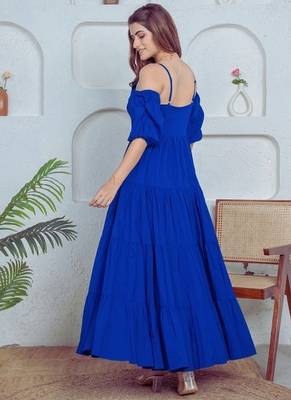 Blue solid cotton tiered fit & flare dress for women 2