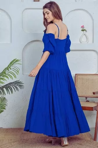 Blue solid cotton tiered fit & flare dress for women
