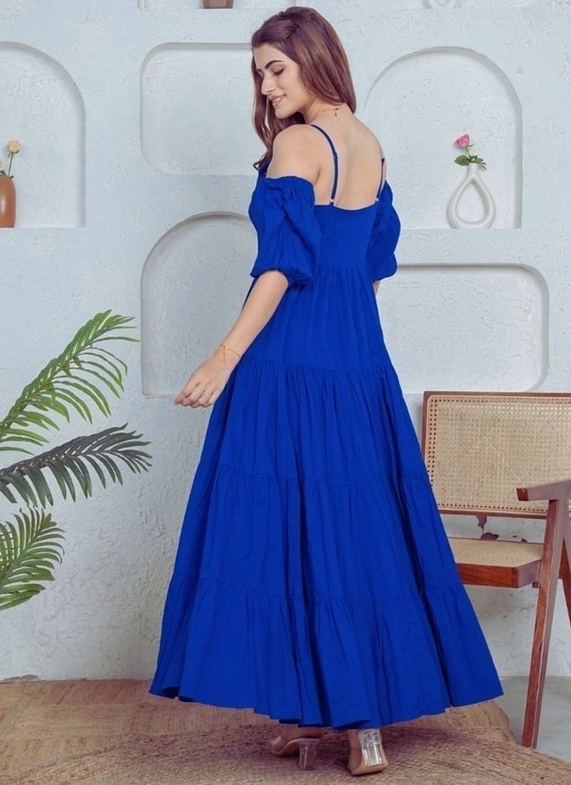 Blue solid cotton tiered fit & flare dress for women