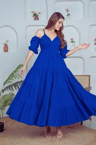 Blue solid cotton tiered fit & flare dress for women