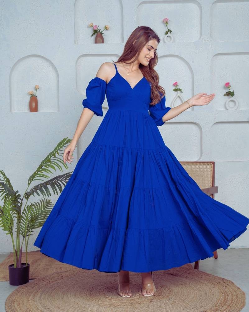 Blue solid cotton tiered fit & flare dress for women
