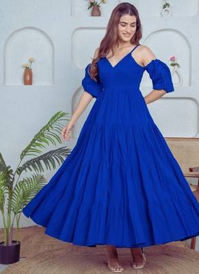 Blue solid cotton tiered fit & flare dress for women 4