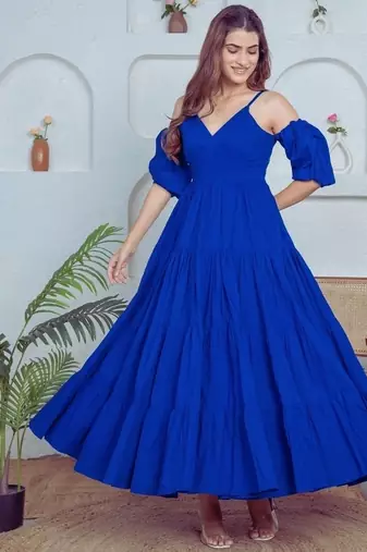 Blue solid cotton tiered fit & flare dress for women