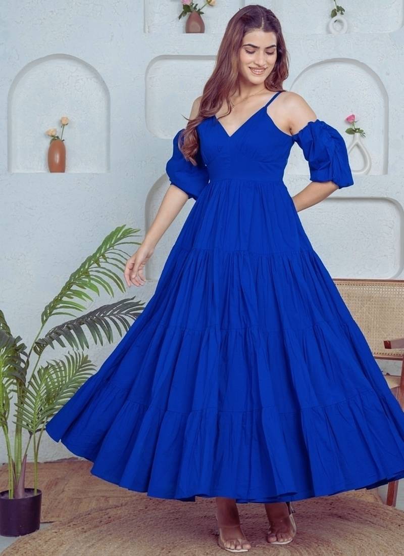 Blue solid cotton tiered fit & flare dress for women