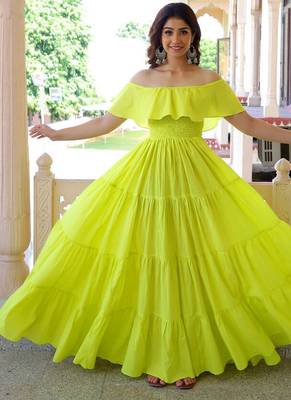 Lemon solid cotton tiered maxi dress for women 1