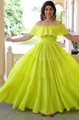 Lemon solid cotton tiered maxi dress for women