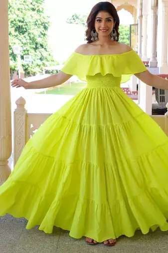 Lemon solid cotton tiered maxi dress for women