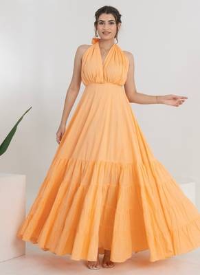 Peach solid cotton tiered gown maxi dress for women 1