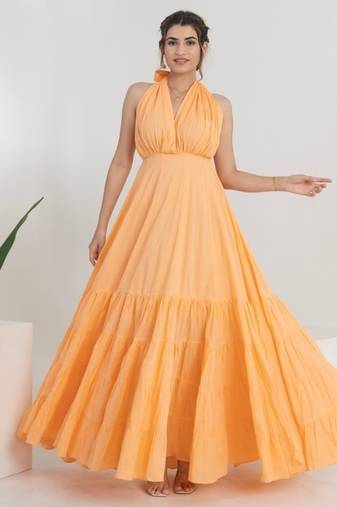Peach solid cotton tiered gown maxi dress for women