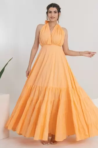 Peach solid cotton tiered gown maxi dress for women